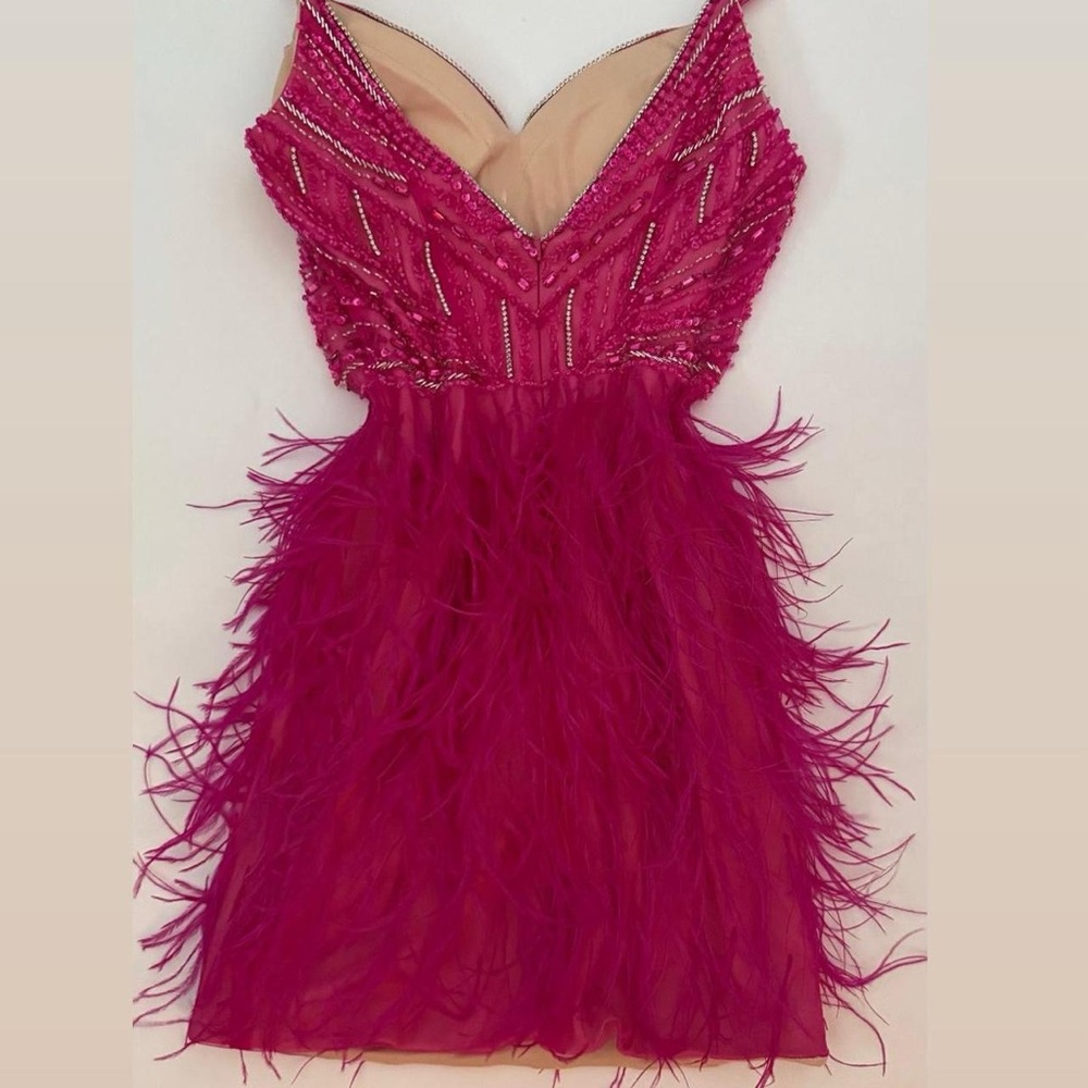 Fuchsia Beaded Feather Mini Dress View 2